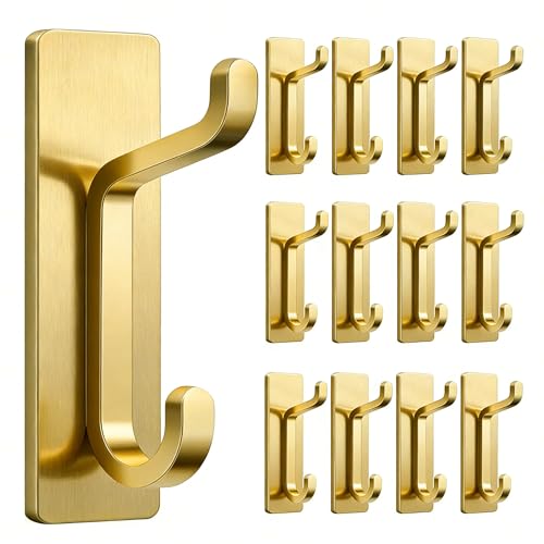 pickpiff 12 Pack Wall Hooks for Coat and Towel: 13LB Strong Adhesive Door Hanger Stick on, Brushed Gold - color: Gold, size: 12 Pack