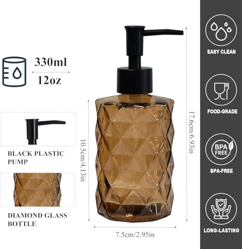 12Oz Small Glass Soap Dispenser with Black Plastic Pump, Brown Refillable Kitchen Countertop Liquid Hand Soap Dispensers with Diamond Design, Crystal Bathroom Lotion Bottle for Dish Soap, 2 Set - color: 2 Pack Diamond Brown
