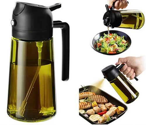 16oz/470ml Glass Olive Oil Sprayer for Cooking, 2 in 1 Oil Dispenser for Kitchen Spray and Pour, Premium Light-Blocking Oil Bottle, Food-Grade Spray Bottle, for Salad, Air Fryer, BBQ (Green) - color: Green Glass/Black Cap