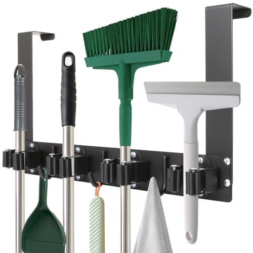 Over The Door Broom and Mop Holder, Heavy Duty Stainless Steel Organizer with 4 Slots and 3 Hooks, No Drilling Space Saving Tool Hanger for Kitchen, Laundry Room, Closet, and Garage - Black - color: Black
