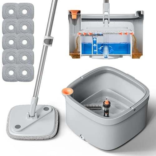 Spin Square mop and Bucket System with Wringer Set for Home with 10 Mop Pads (Grey,White) - size: 1.0 Mop and Bucket Set (10 pad)