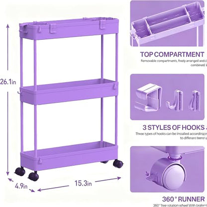SPACELEAD Slim Storage Cart 3 Tier,Bathroom Organizer Rolling Utility,Mobile Shelving Unit Slide Out for Office, Kitchen, Laundry Room & Narrow Places,Purple - color: Purple
