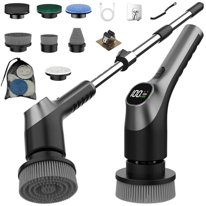 Electric Spin Scrubber, Shower Scrubber with Long Handle Adjustable LCD Display, 2 Speed Shower Cleaner, 7 Replaceable Brush Heads Bathroom Cleaning Brush, Bath Tub Power Scrubbers Black G3 - color: Black