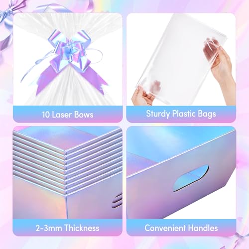 AFOROEOA 10 PACK Laser Gift Baskets for Gifts Empty, 12x10x4” Holographic Iridescent Gift Basket Kit with 10 Bows & 10 Bags - Large Empty Gift Baskets to Fill for Christmas, Weddings, Birthdays, Holiday Gifting Hampers - color: 10 Laser