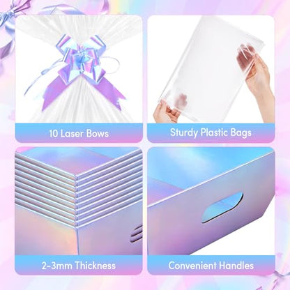 AFOROEOA 10 PACK Laser Gift Baskets for Gifts Empty, 12x10x4” Holographic Iridescent Gift Basket Kit with 10 Bows & 10 Bags - Large Empty Gift Baskets to Fill for Christmas, Weddings, Birthdays, Holiday Gifting Hampers - color: 10 Laser