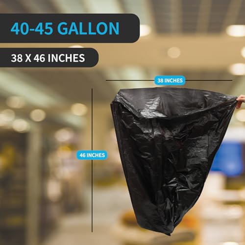Black Garbage Bags, Made in USA, 40-45 Gallon, Light Duty, Durable, Unscented, High Density, Industrial and Commercial Use, for Lawn, Leaf, No Ears, No Ties, Bulk 250 Count - style: 40-45 Gal, 14 Micron Equiv, 250 Count, Black