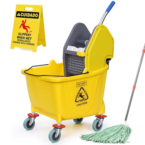 MATTHEW CLEANING 34Quarts Commercial Mop Bucket INCL.Wet String Mop with Down Press Wringer On Wheels,Industrial Heavy-Duty Floor Cleaning w/Handle, Mop Bucket for Home,Offices,Commercial, Restaurants - color: Yellow, size: 34 Quart(Down Press Wringer)