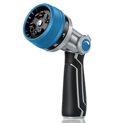 RAINPOINT Full-Metal Garden Hose Nozzle, Heavy Duty Water Hose Nozzle Sprayer With 10 Adjustable Patterns & High Flow,Thumb Control For Flow Adjustment, Ideal For Watering, Washing, Cleaning,Blue - color: Blue