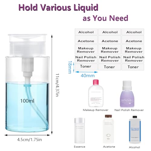Push Down Pump Dispenser, 3.4oz Clear Pump Bottles with Alcohol, Acetone, Nail Polish Remover, Makeup Remover, Toner Stickers Empty Push Top Container for Liquid (100ml-2Pack) - size: 100ml-2pack