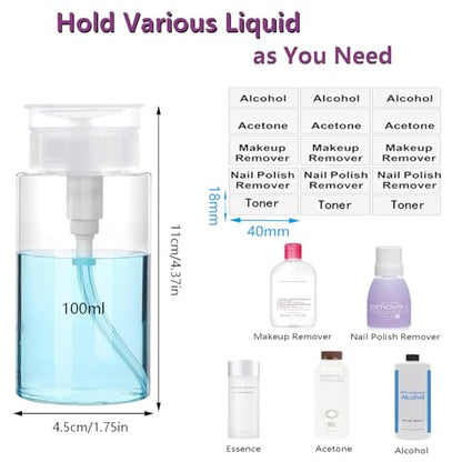 Push Down Pump Dispenser, 3.4oz Clear Pump Bottles with Alcohol, Acetone, Nail Polish Remover, Makeup Remover, Toner Stickers Empty Push Top Container for Liquid (100ml-2Pack) - size: 100ml-2pack