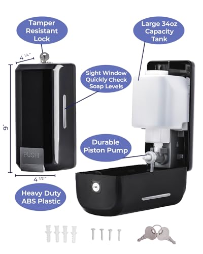 Wall Mounted Soap Dispenser with Large 34 oz. Capacity (2-Pack) - Black Commercial Hand Soap Dispensers or Hand Sanitizer Wall Mount Units That Hold 25 pct More Than Other Brands - ADA Compliant - size: 2-Pack