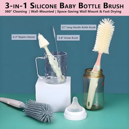 Baby Bottle Brush Set 3-in-1, Silicone Brush with Wall Mount Holder, 11" Long Handle + Nipple Brush + Straw Cleaner for Cups & Straws – BPA Free (Pink) - color: Pink