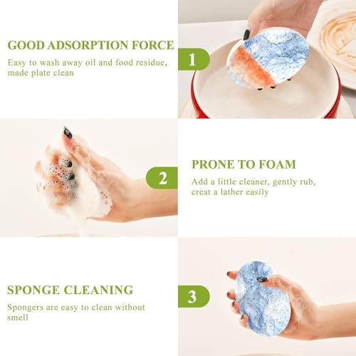YETTASBIN Marble 3PCS Wood Pulp Scrub Sponges, Reusable Absorbent Household Cleaning Sponge Non-Scratch Kitchen Dish Sponges, Multi-Surface Safe Scrubber for Nonstick Pans, Pots