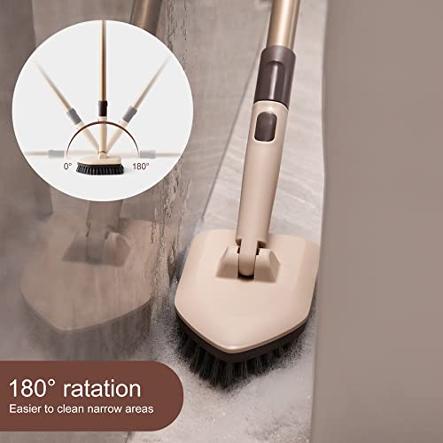 Eyliden Shower Scrubber with Long Handle, 2 Type Head, Tile Tub Scrub Brush | 49" Handle, 2 Different Function Cleaning - 1 Stiff Bristle + 2 Non-Scratch Pads, for Bathroom Grout Sink Glass Kitchen Floor