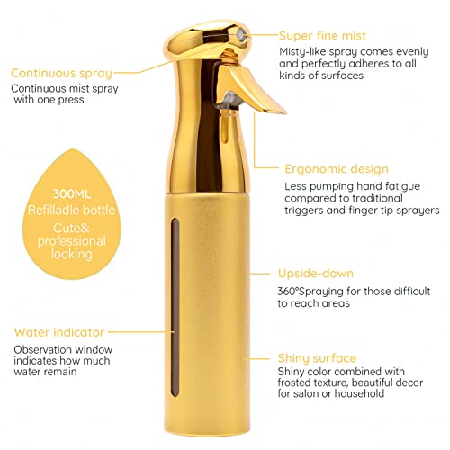 Salon Style Hair Spray Misting Bottle, Fine Mist Continuous Spray Bottle，10 Oz Shiny Aerosol Free Water Mister for hairstyling,Cleaning Solutions Dispensing (Gold)