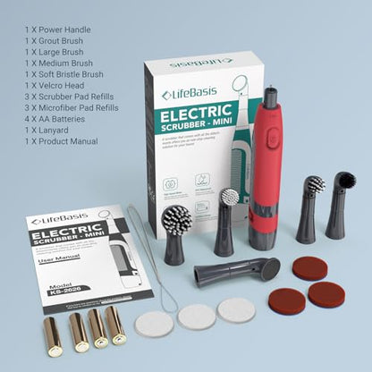 LifeBasis Cordless Electric Cleaning Brush, Mini Power Scrubber for Cleaning Waterproof Grout with 5 Brush Heads for Bathroom Kitchen Tile Crevice Corner - Red (Batteries Included)