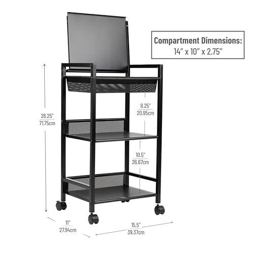 Mind Reader Cart with Covered Compartment, Office Organizer, Storage, 3-Tier, Office, Metal, 15.5" L x 11" W x 28.25" H, Black - style: 3-Tier with Handles