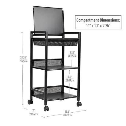Mind Reader Cart with Covered Compartment, Office Organizer, Storage, 3-Tier, Office, Metal, 15.5" L x 11" W x 28.25" H, Black - style: 3-Tier with Handles