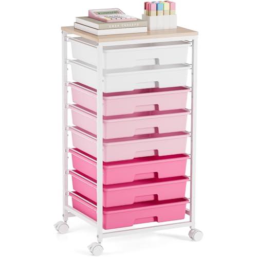 Rolling Cart with Drawers, Pink Cart with 8 Plastic Drawer Storage and Wooden Tabletop, Craft Storage, Teacher Cart, Storage Cart on Wheels, Rose Pink - color: Rose Pink
