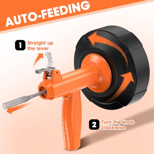 Drain Snake, Auto Feed Plumbing Snake with Drill Attachment, 25 Feet Flexible Drain Auger Tool Set Included Drain Clog Remover, Hair Clog Remover ＆ Cleaning Brush | for Kitchen, Bathroom and Shower Sink with Gloves - color: Orange