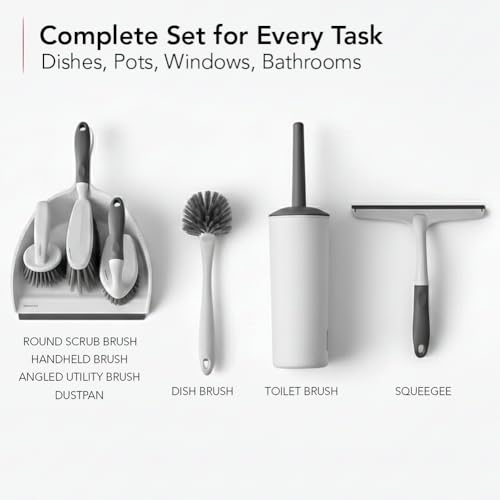 OVENTE Multipurpose Household Cleaning Kit, Deep Cleaning Brush Set with Wiper & Dustpan, Ergonomic Handle & Stiff Bristles, Ideal for Cleaning Kitchen, Bathroom, Dishes, Tiles & Sink, White CTB018WGY