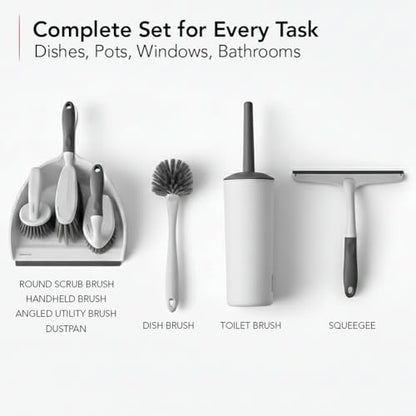OVENTE Multipurpose Household Cleaning Kit, Deep Cleaning Brush Set with Wiper & Dustpan, Ergonomic Handle & Stiff Bristles, Ideal for Cleaning Kitchen, Bathroom, Dishes, Tiles & Sink, White CTB018WGY