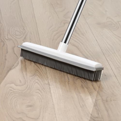 Rubber Cleaning Broom with Silicone Bristles and Stainless Steel Handle for Removing Pet Hair and Dust on Carpet Hardwood for Tile and Floor Surfaces