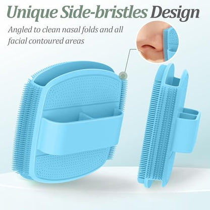Silicone Back & Face Scrubber & Bath Glove Set 3PCS, 13.4'' Gentle Back Scrubber with Dual-Side Head, 360° Anti-Slip Bath Glove, Unique Side-bristled Face Scrubber for All-Round Cleaning(Blue) - color: Blue*3