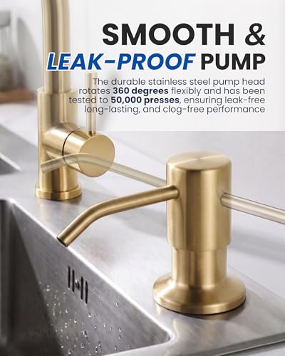 Built in Kitchen Sink Soap Dispenser: Stainless Steel Pump Head with 17 Ounce Large Soap Bottle, Easy Top Refill Design – No Bending Down for Countertop, Brushed Gold - color: Brushed Gold