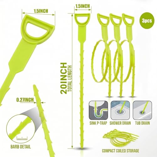 Drain Hair Remover Tool 3 Pcs Set, 20 Inch Flexible Drain Cleaning Snake, Plastic Drain Clog Remover for Sink, Shower, Bathtub and Bathroom Drain, Reusable Hair Removal Tool, Green - color: Green