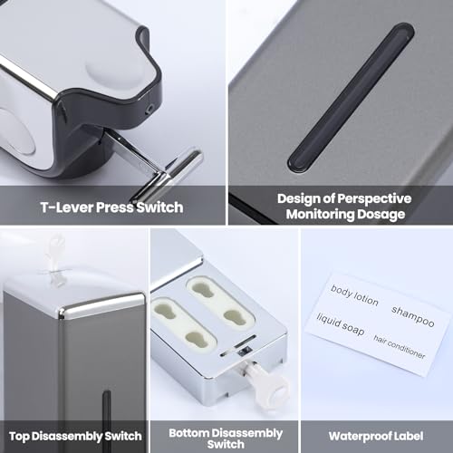 EHORIA 3-in-1 Quadrate Dispensers for The Shower,Shower soap Dispenser,Conditioner Dispenser, Shampoo Dispenser,No Drilled Wall Mounted Distributor,Hotel,Bathroom,Home - color: Triple, Grey