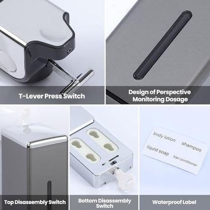 EHORIA 3-in-1 Quadrate Dispensers for The Shower,Shower soap Dispenser,Conditioner Dispenser, Shampoo Dispenser,No Drilled Wall Mounted Distributor,Hotel,Bathroom,Home - color: Triple, Grey