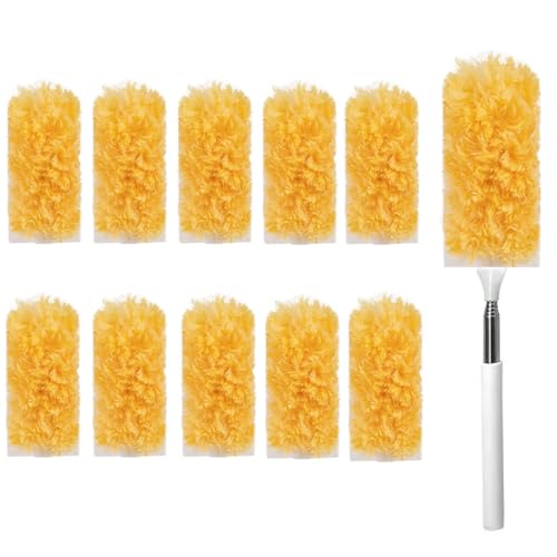 Heavy Duty Duster Refills, Disposable Dusters Kit for Cleaning Dusting Furniture Blind Ceiling Fan, Multi Surface 360 Feather Duster(10)+3FT Extended Handle（1） (Orange) - color: Orange