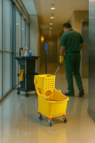 Yellow 35-Quart Commercial Mop Bucket with Side-Press Wringer – Heavy-Duty Cleaning System for Restaurants, Hotels, Schools, Offices, and Industrial Floor Maintenance - color: Yellow
