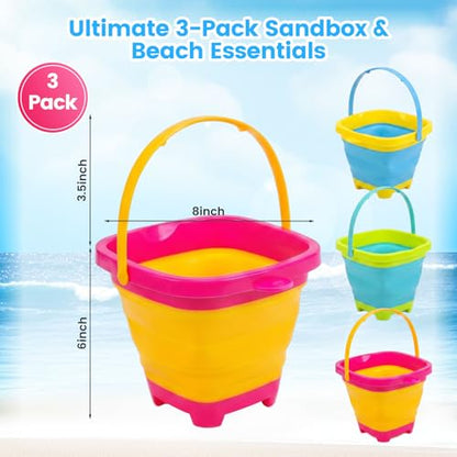 Shindel 3Packs Foldable Pail Bucket, 2L Silicone Collapsible Beach Toys Bucket for Kids, Multi Purpose for Fun Summer Activities, Camping Gear, Beach Essentials