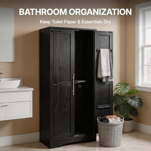 NORTHSKY 55" Wooden Broom Closet, Tall Storage Cabinet for Vacuum Cleaner&Mops, Compatible with Dyson, Utility Cabinet w/4 Shelves&Hanging Rod, Freestanding Organizer for Laundry,Garage,Home,Office
