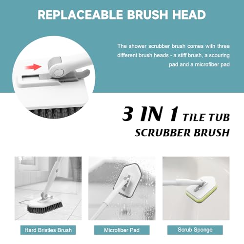 nacena Shower Scrubber with Long Handle, 4 in 1 Tile Tub Scrubber Brush with 3 Detachable Cleaning Heads and V-Shaped Grout Brush Shower Cleaner Brush for Bathroom Kitchen Toilet Tub Sink, Grey White - color: Grey White, size: 2 pads+brush
