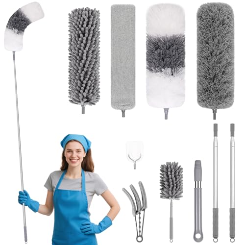 PHABLUS 10 PCS Dusters for Cleaning, Microfiber Duster with Extension Pole Up to 100'', Bendable Washable Cleaner Dusters for Ceiling Fans, High Ceiling, Furniture, Blinds