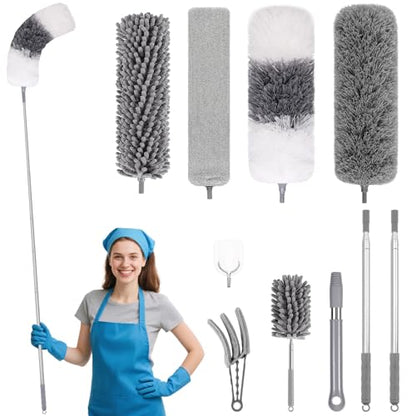PHABLUS 10 PCS Dusters for Cleaning, Microfiber Duster with Extension Pole Up to 100'', Bendable Washable Cleaner Dusters for Ceiling Fans, High Ceiling, Furniture, Blinds