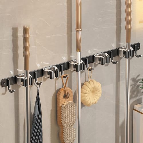 Wall-Mounted Broom Holder Stainless Steel Mop Storage Rack Laundry Room Storage Solution Suitable for Kitchens, Gardens, Garages (Black: 5 clips with 6 hooks) - color: Black: 5 clips with 6 hooks