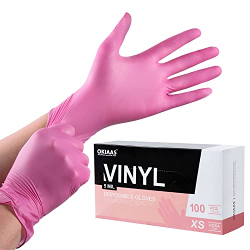 OKIAAS Black/Pink Vinyl Disposable Gloves Latex Free, Food Grade, 5 mil, Cooking, Cleaning, Hair Dye, 50/100/200/1000 Count - color: Pink, size: X-Small (Pack of 100)