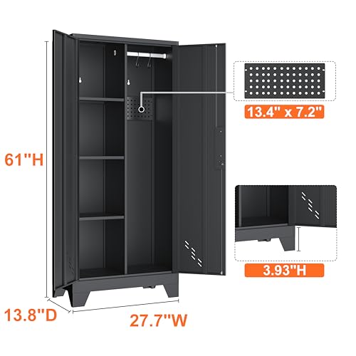 Storage Cabinet 61" H, Metal Outdoor Sheds with Shelves for Tools Storage, Cleaning Supplies Closet with Removable Pegboard for Outdoor, Garage, Utility Room