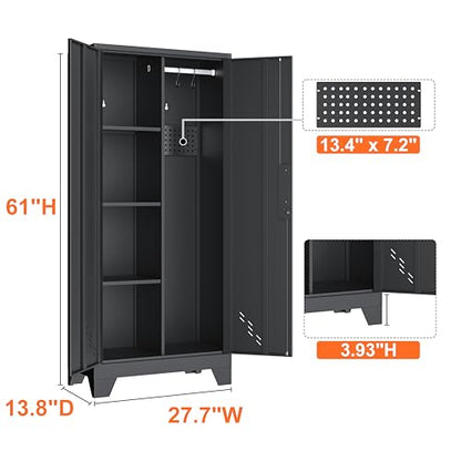 Storage Cabinet 61" H, Metal Outdoor Sheds with Shelves for Tools Storage, Cleaning Supplies Closet with Removable Pegboard for Outdoor, Garage, Utility Room