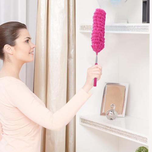 Extendable Feathers Duster Bendable Microfiber Long Handled Duster, Flexible Hand Cobweb Cleaner with Telescoping Pole for Cleaning High Ceiling Fans, Cars, Blinds, Cobweb, Furniture - color: Pink