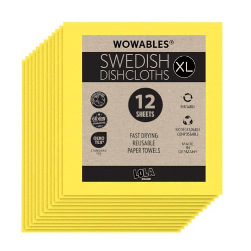 Swedish Dishcloths for Kitchen XL, 12 Sheet Roll, Biodegradable & Compostable, Reusable Paper Towel Cleaning Cloths, 11" x 10", No Odor, Washing Dishes, Ultra Absorbent Cellulose Sponge Towel, By LOLA - color: Mellow Yellow, size: 12 Sheets