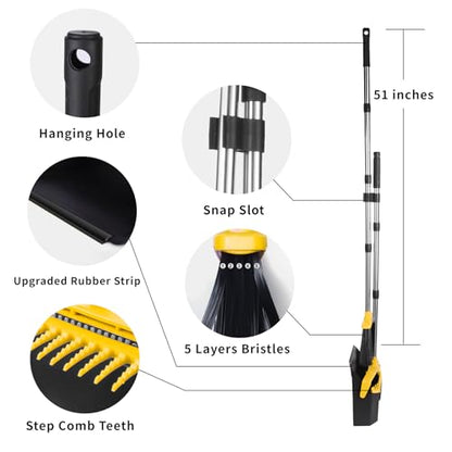 Tiumso Broom with Dustpan Combo Set, Brooms and Dustpans Sets with 51'' Long Handle, Large Dust Pan and Broom, Self-Cleaning Dustpan Teeth for Lobby Kitchen Office - Black and Yellow - color: Yellow and Black