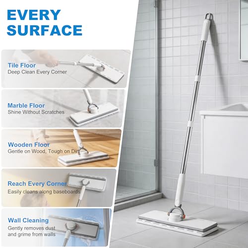 Hands Free Flat Mop One Click, 51" Long Handle Zero Touch Disposable Dust Mop Compatible with Swiffer Wet/Dry Pads Click Cloth Change Wet/Dry Pads, Dust Mopping for Hardwood, Tile, Floor