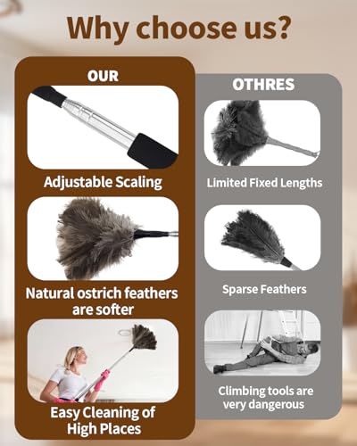 Ostrich Feather Duster, 18-48 Inch Extendable Feather Duster with Natural Fluffy Ostrich Feathers, Dusters for Cleaning Ceiling Fans, Blinds, High Ceilings, Furniture, Cars, Washable & Reusable - color: Ostrich Feather Color