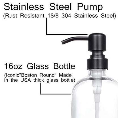 2 Pack Thick Clear Glass Pint Jar Soap Dispenser with Matte Black Stainless Steel Pump, 16ounce Clear Boston Round Bottles Dispenser with Rustproof Pump for Essential Oil, Lotion Soap - color: Matte Black