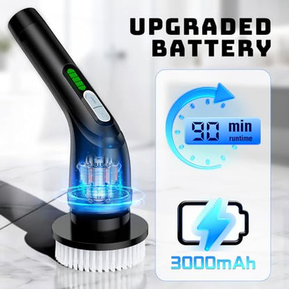 Highyes Electric Spin Scrubber, Powerful 2-Speed Cleaning Brush, | IPX7 Waterproof with 7 Reusable Brush Heads & Extendable Handle, for Bathroom Toilet Shower Kitchen Wall Tile Floor Grout - color: Black